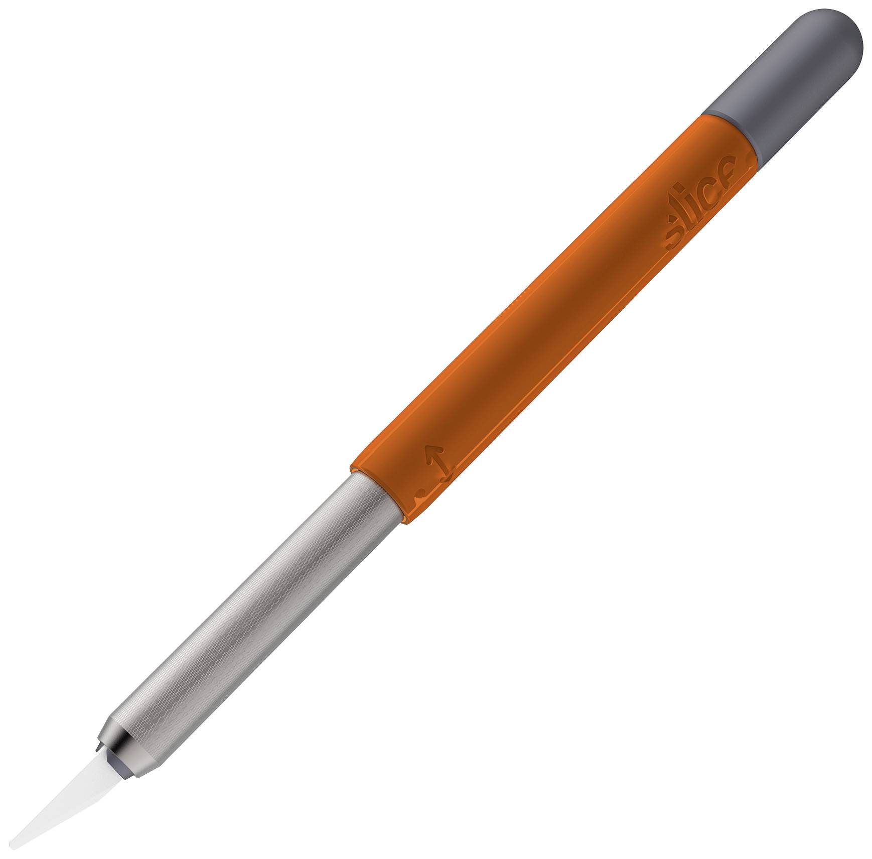 Ein orangefarbenes Cuttermesser mit grauem Griff und Edelstahlspitze, zum präzisen Schneiden geeignet.