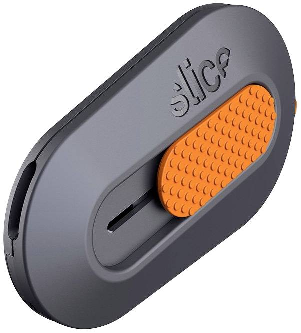 Tragbarer Keramik-Messerschneider mit grauem Gehäuse und orange-griffiger Oberfläche; ideal für sicheres Schneiden.