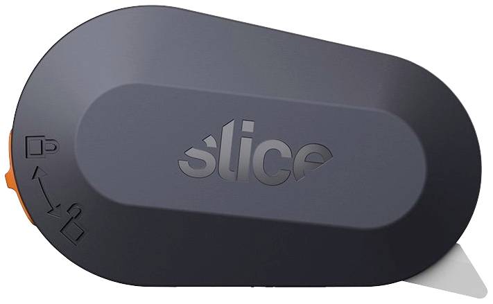 Ein schwarzer, ovaler Sicherheitscutter mit der Aufschrift 'slice' und einer kleinen, herausragenden Klinge auf der rechten Seite.