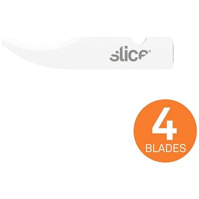 Klinge mit gebogener Spitze und der Aufschrift 'slice'. Orange Kreis mit der Zahl '4' und dem Wort 'BLADES'.