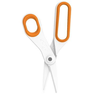 Eine offene weiße Schere mit orangefarbenen Griffen, im Vordergrund.