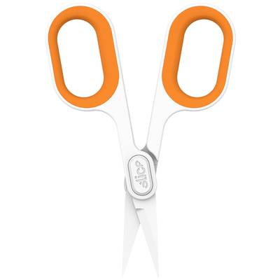 Eine weiße Schere mit orangenen Griffen, leicht geöffnet. Geeignet für präzises Schneiden.