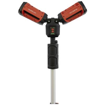 Zwei faltbare LED-Strahler in Rot und Schwarz auf einem stabilen Ständer. Die Lampen sind symmetrisch angeordnet und dienen zur Beleuchtung.