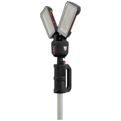 Eine tragbare LED-Arbeitsleuchte mit zwei verstellbaren Lichtpanelen an einem Griff, ideal für flexibles Beleuchten von Arbeitsbereichen.