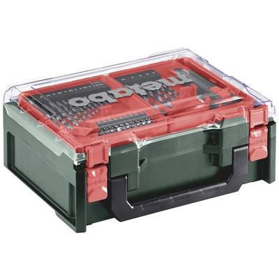 Ein Werkzeugkoffer mit verschiedenen Bits und Bohrern in einem stapelbaren, grünen Kasten mit Griff und transparentem Deckel.