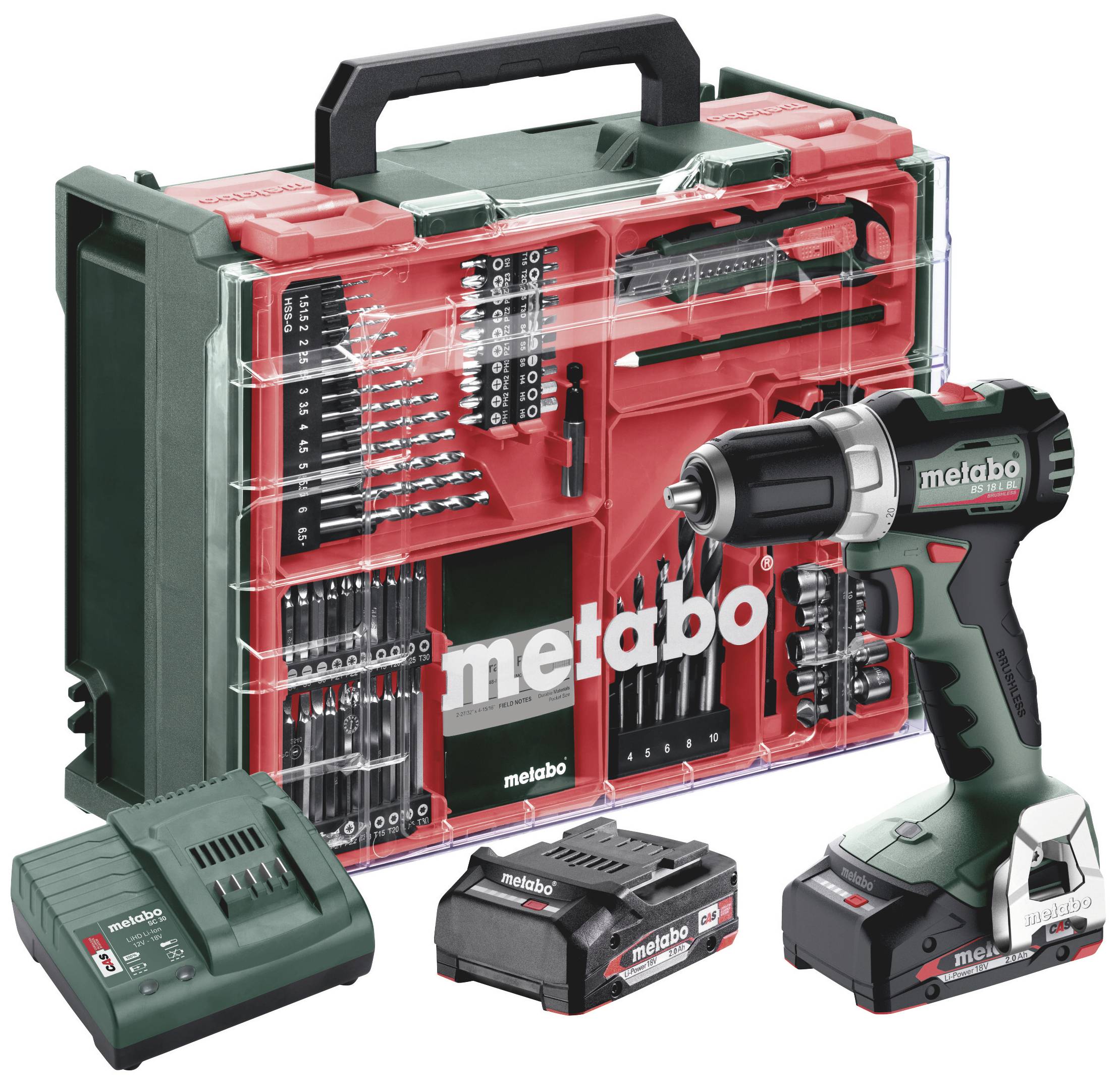 Metabo BS 18 L BL Set 613155710 Borrskruvdragare batteri 18 V 2 Ah Li-Ion inkl. 2x batterier, borstfri, inkl. väska, inkl. laddare, inkl. Tillbehör
