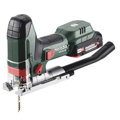 'Akkustichsäge Metabo ST 18 L 90' auf weißem Hintergrund, Handwerkzeug mit ergonomischem Griff und Schutzhaube, ideal für präzise Sägearbeiten.