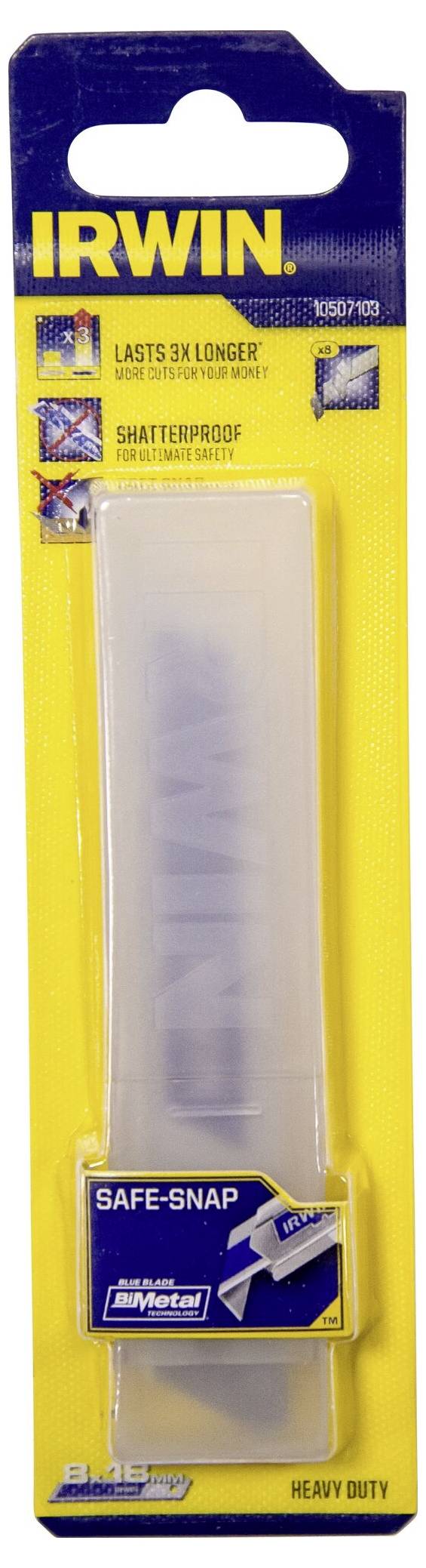 Ein IRWIN-Klingenpaket in gelber Verpackung mit der Aufschrift 'Safe-Snap' und 'Heavy Duty'. Oben ist ein Bild mit Text 'Hält 3x länger'.