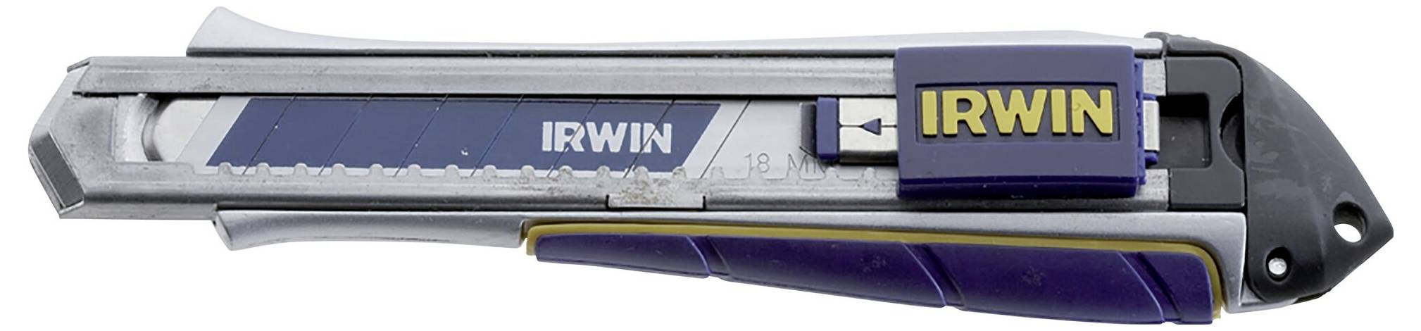 Ein blauer Cutter mit der Aufschrift 'IRWIN' am Griff. Er hat eine metallene Klinge mit mehreren Raststufen zur Klingenlängenanpassung.