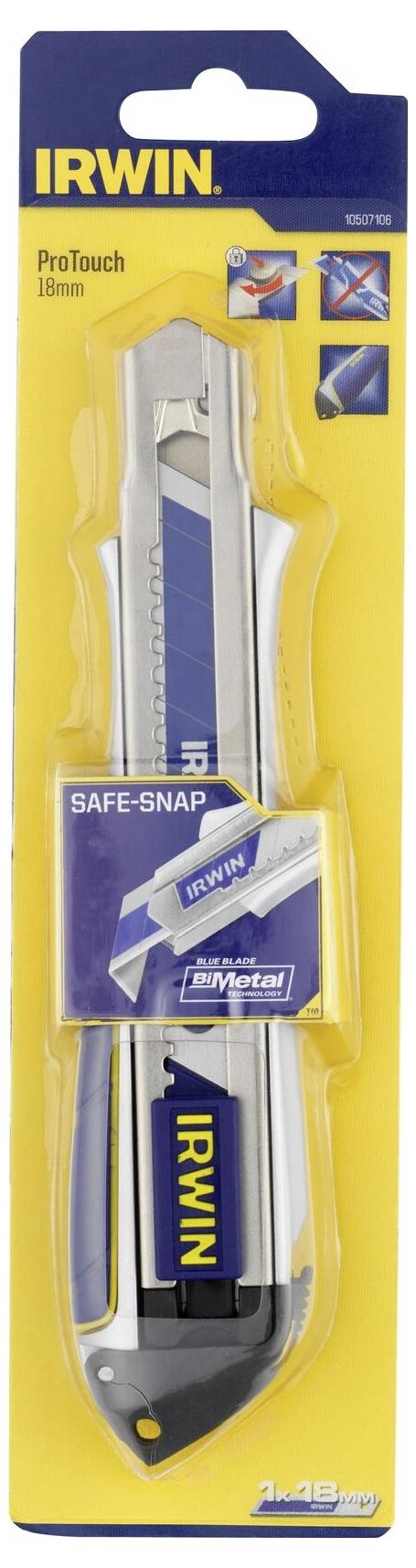 Verpackung eines IRWIN ProTouch Cuttermessers mit Safe-Snap-Funktion und Bi-Material-Griff, 18 mm Klinge, gelb-blaue Farbgebung.