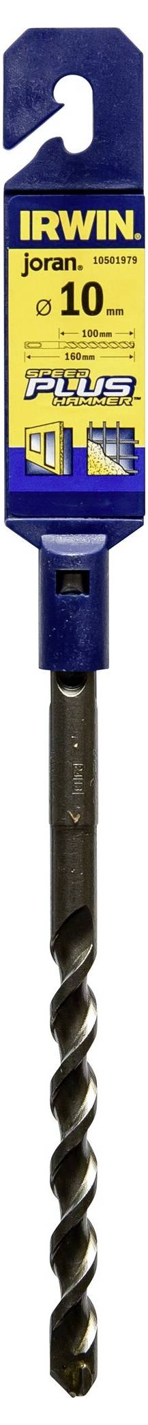 Ein Bohrer von IRWIN mit der Aufschrift '10 mm', geeignet für Beton, Holz und Metall, verpackt in blau-gelbem Kunststoffgehäuse.