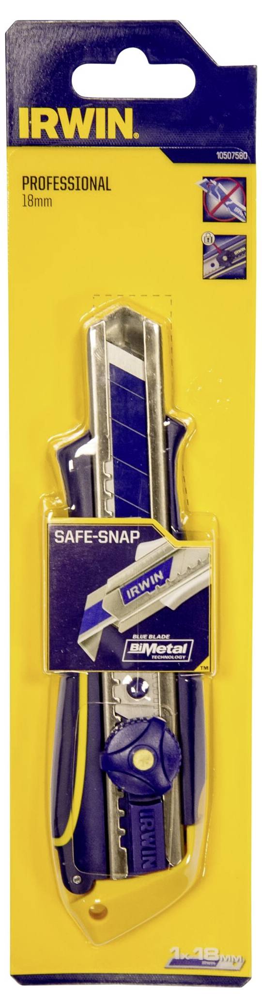 'IRWIN Professional 18mm Cuttermesser' im Gelb-Blauen Blisterpack, mit abknickbarer Klinge, Sicherungsknopf und ergonomischem Griff.