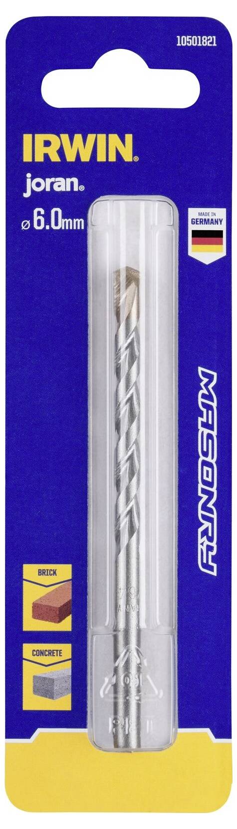 'IRWIN'-Verpackung mit einem 6,0 mm Maurerbohrer, geeignet für Ziegel und Beton, hergestellt in Deutschland.