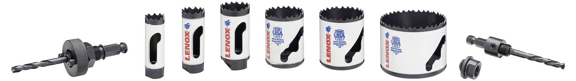 Verschiedene Lochsägen und Bohrer in einer Reihe, geeignet für Bohren in Holz und Metall, gezeigt mit unterschiedlichen Durchmessern.