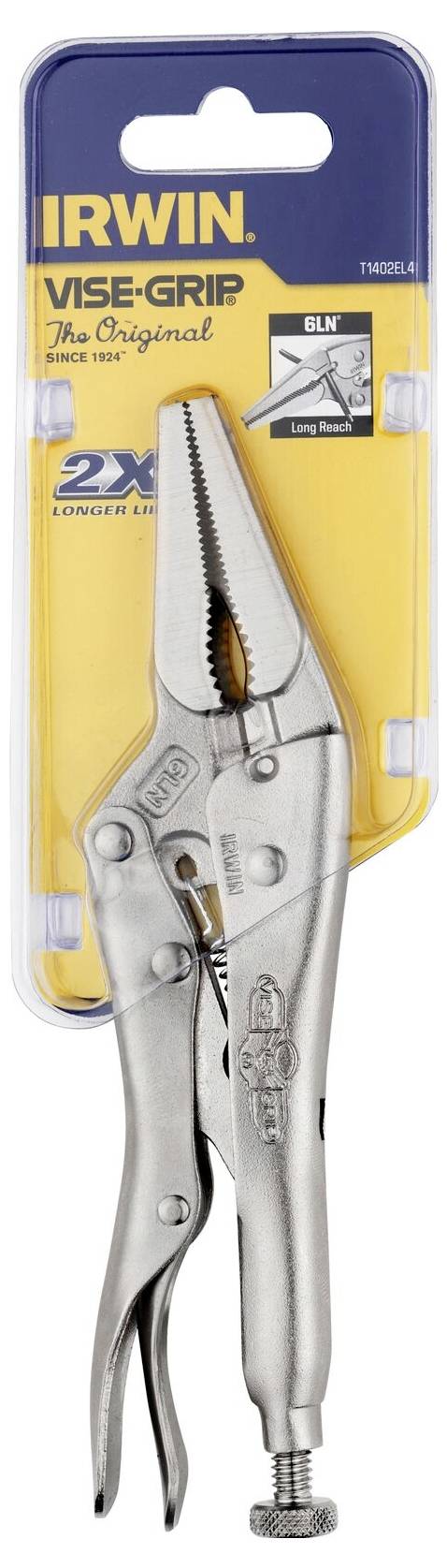 Eine IRWIN VISE-GRIP Zange im Originalverpackung. Das Werkzeug hat einen rutschfesten Griff und eine einstellbare Schraube für besseren Halt.