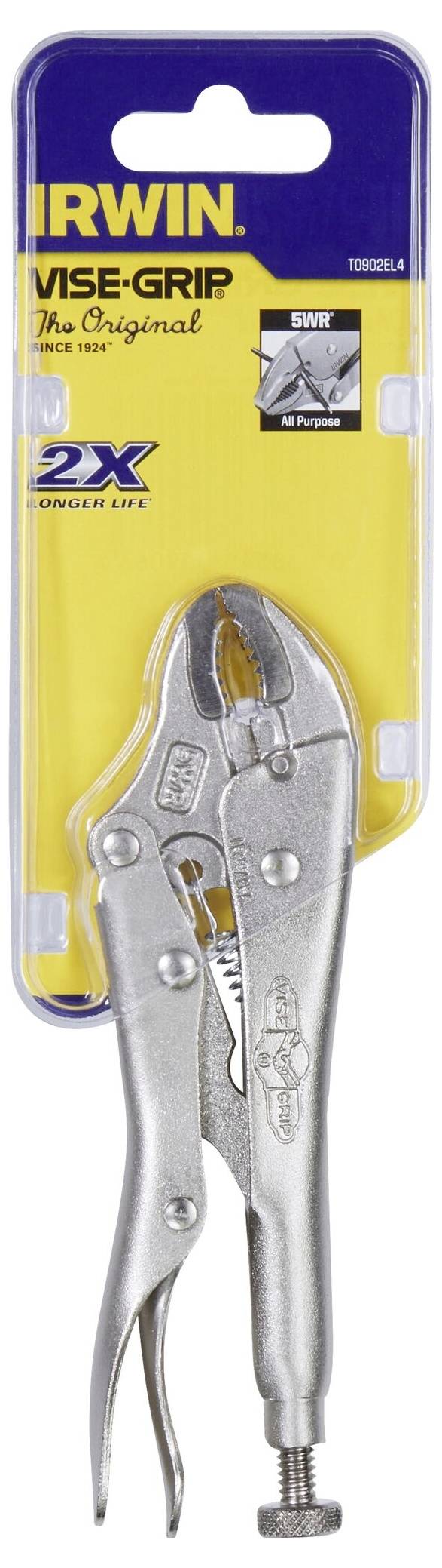 Verpackte Zange von Irwin Vise-Grip, silbern, im Blisterpack. Oben steht 'The Original Seit 1934', unten '2x Longer Life'.