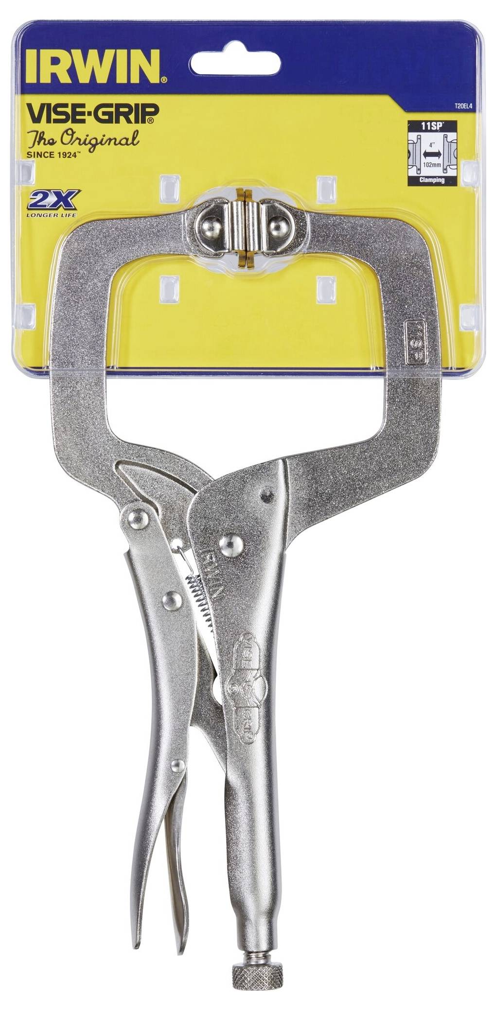 Metallische Klemmzange der Marke "Irwin Vise-Grip" auf einer gelben Verpackung.