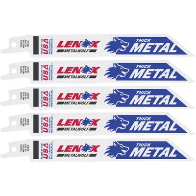 Fünf Metallsägeblätter in Weiß mit blauen und roten Markierungen der Marke 'Lenox Metalwolf', geeignet für dickes Metall.