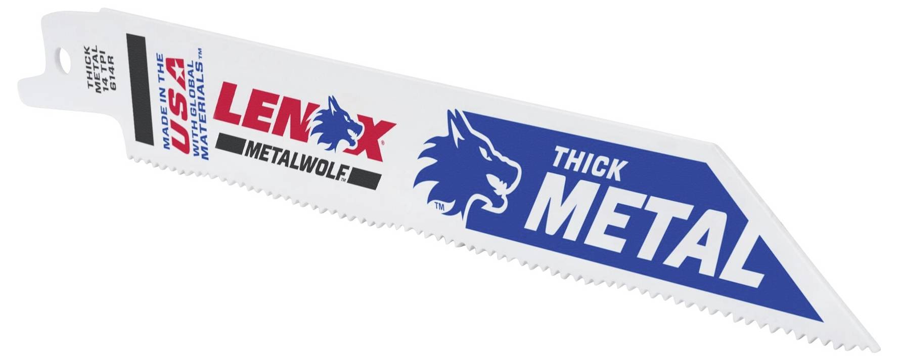 Sägeblatt der Marke Lenox, geeignet für dickes Metall; weiß mit blauem und rotem Aufdruck, zeigt einen Wolf und den Text 'Thick Metal'.