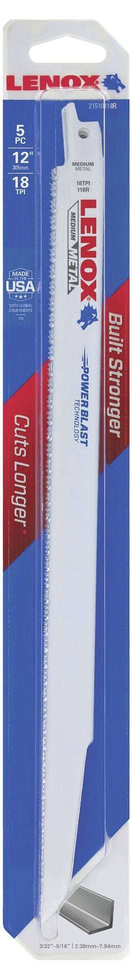 Verpackung eines LENOX Metallsägeblatts mit 18 Zähnen pro Zoll, geeignet für Metall, 5er-Pack. Hervorgehoben: Haltbarkeit und Präzision.