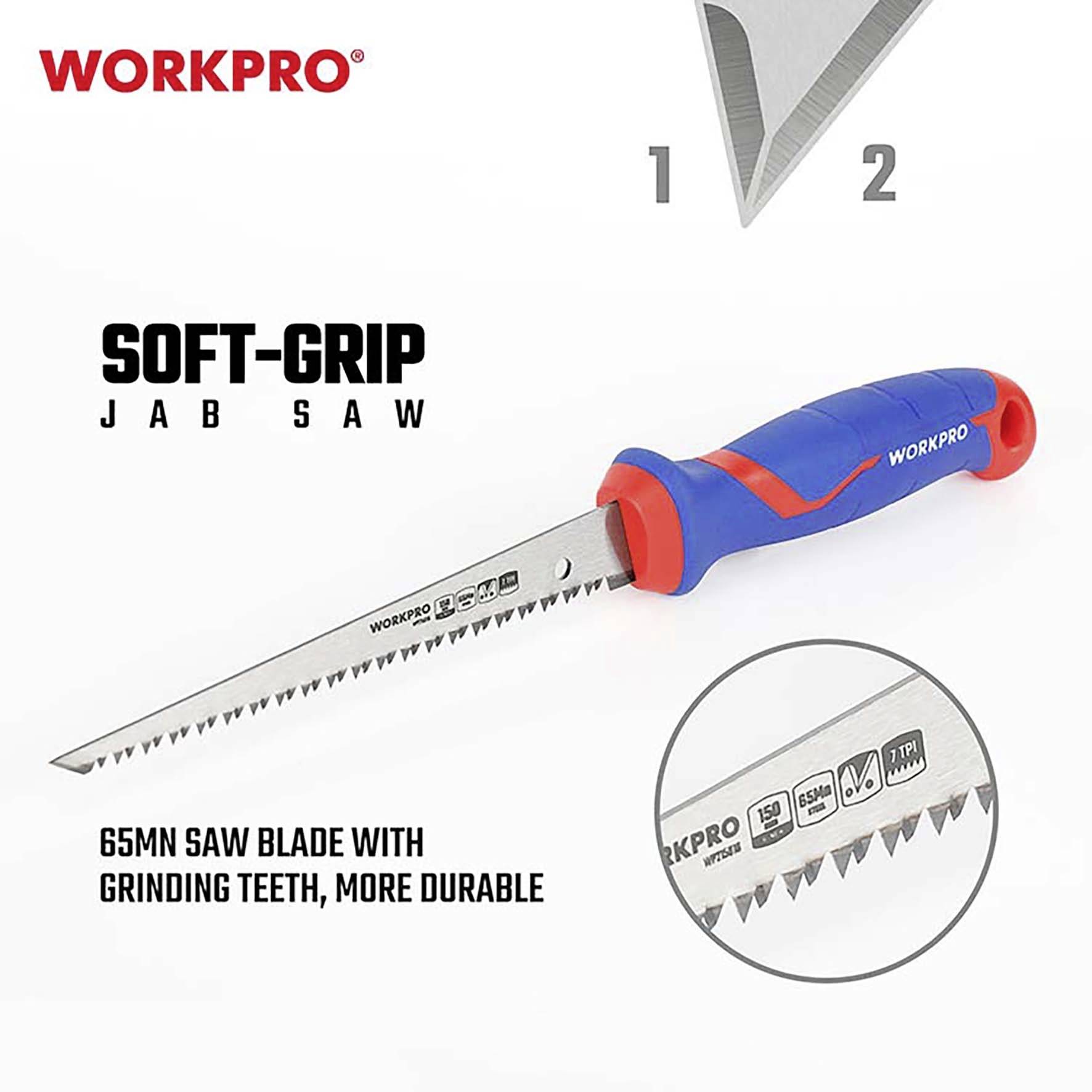 Eine Säge mit Soft-Grip-Griff und 65 mm langem Sägeblatt mit Schleifzähnen, Hersteller: Workpro. Gewichtung auf Haltbarkeit.