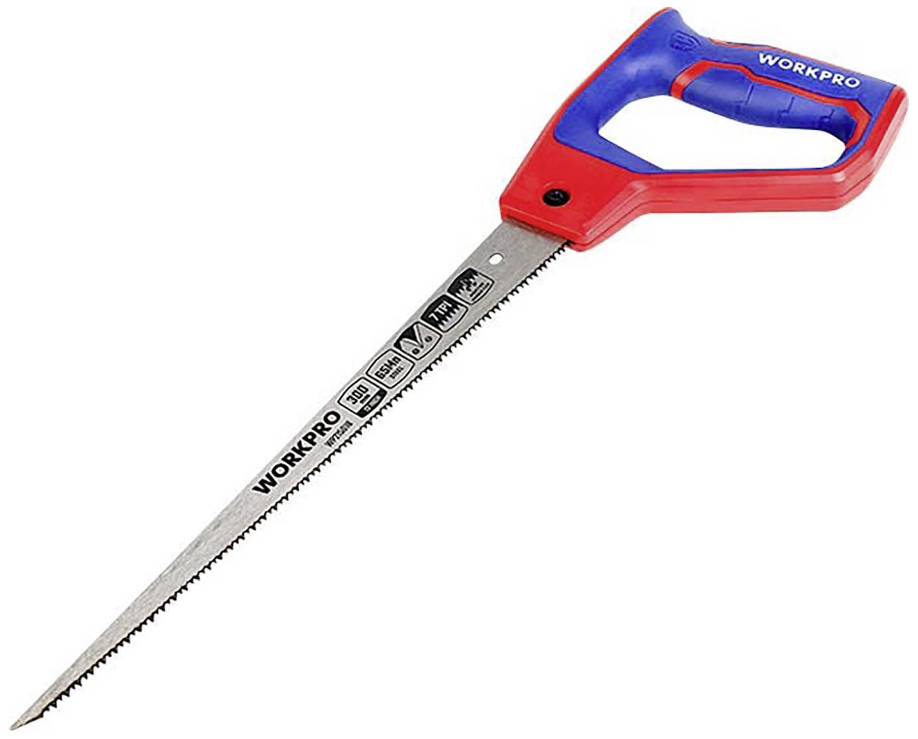 Handsäge mit rotem und blauem Griff, Markenname 'WORKPRO' auf dem Sägeblatt, geeignet für Holzarbeiten.