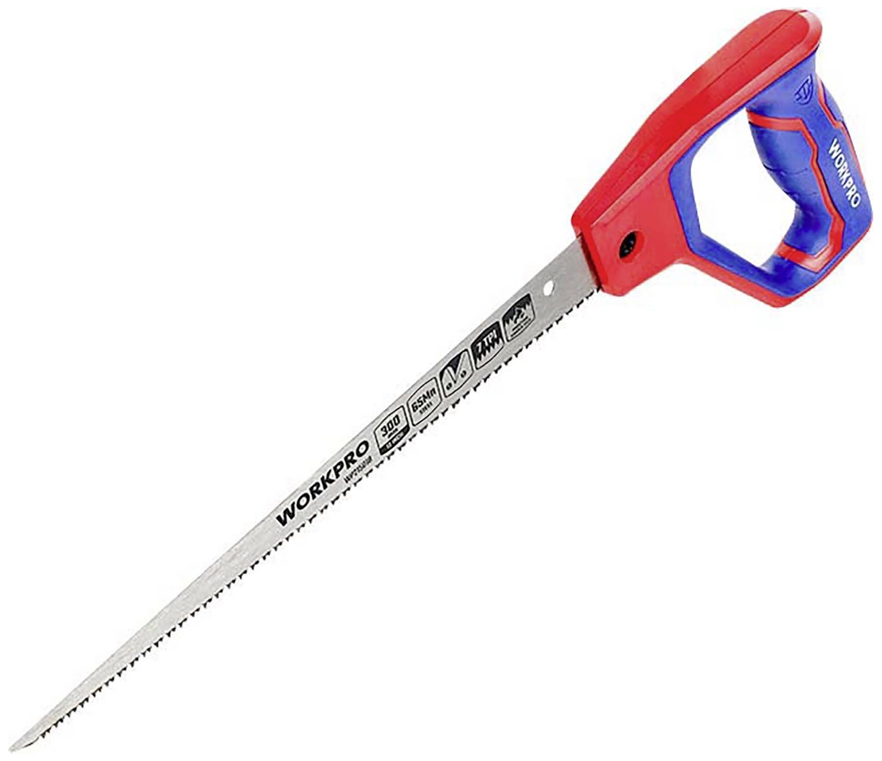 Handsäge mit rotem Griff und blauem Akzent. Markenname 'Workpro' und Spezifikationen sind auf der Klinge aufgedruckt.
