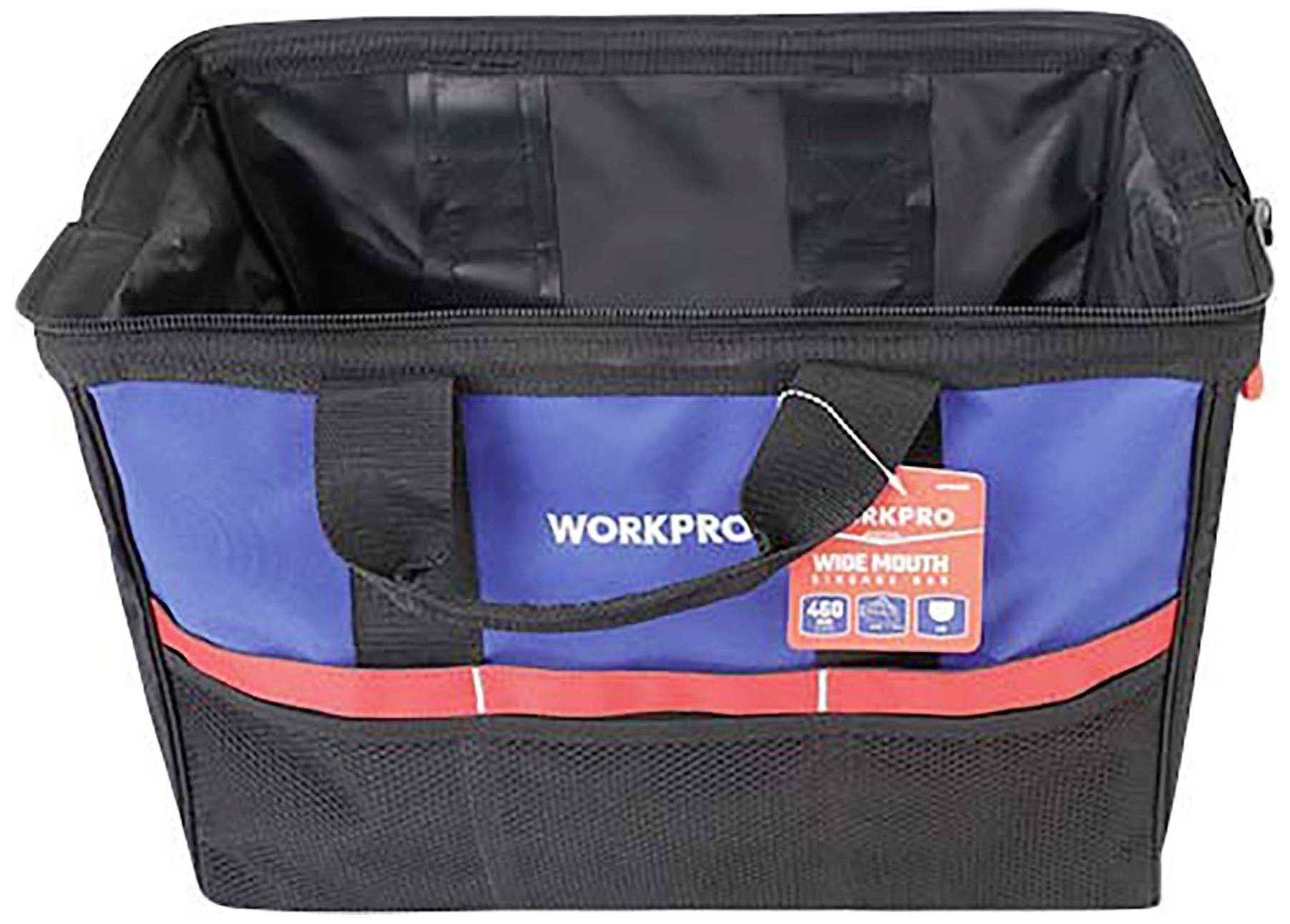 Offene, schwarze Werkzeugtasche mit blauen und roten Akzenten. Markenname auf der Vorderseite: 'WORKPRO'.
