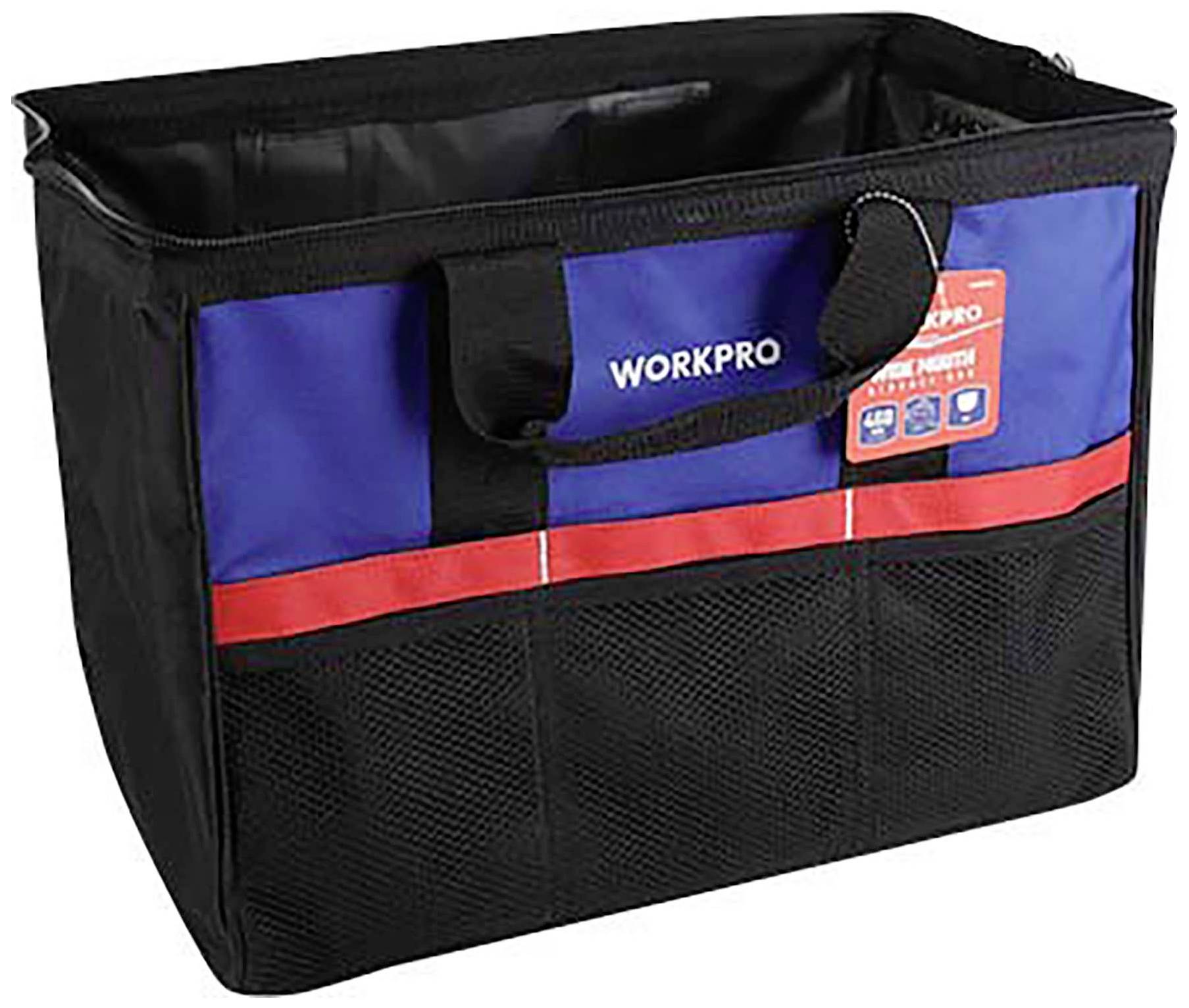 Schwarze und blaue Werkzeugtasche mit rotem Streifen und Tragegriffen, beschriftet mit 'WORKPRO'. Ideal für Werkzeugaufbewahrung.