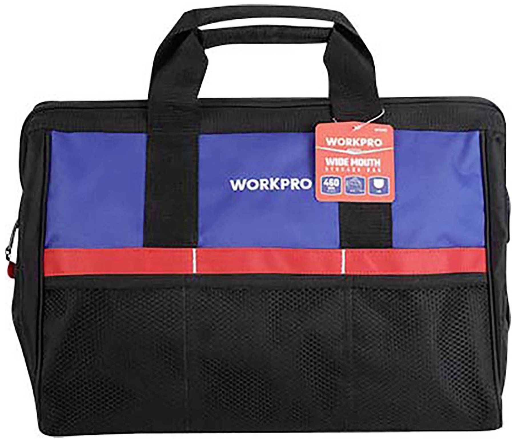 Eine blaue und schwarze Werkzeugtasche mit rotem Streifen und Tragegriffen. Etikett zeigt 'Wide Mouth, 450mm, 70 Pockets'.