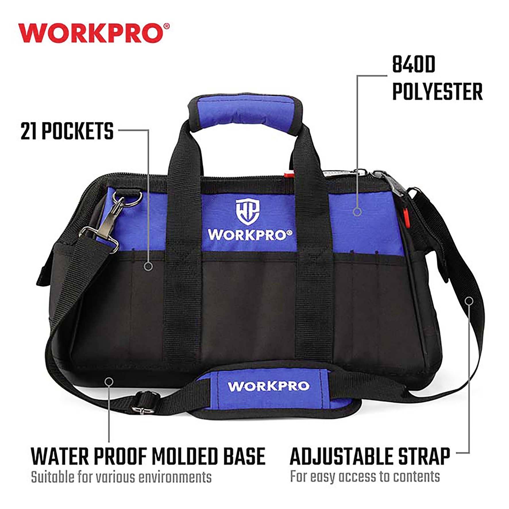 Werkzeugtasche mit 21 Taschen, wasserdichtem Boden und verstellbarem Gurt. Hergestellt aus 840D-Polyester. Geeignet für diverse Umgebungen.