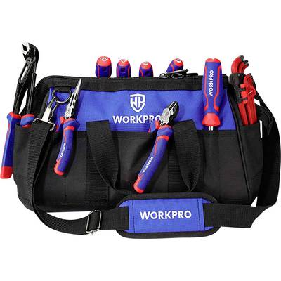 Werkzeugtasche mit verschiedenen Werkzeugen wie Zangen, Schraubendrehern und einem Rohrschlüssel, markiert mit 'WORKPRO'.