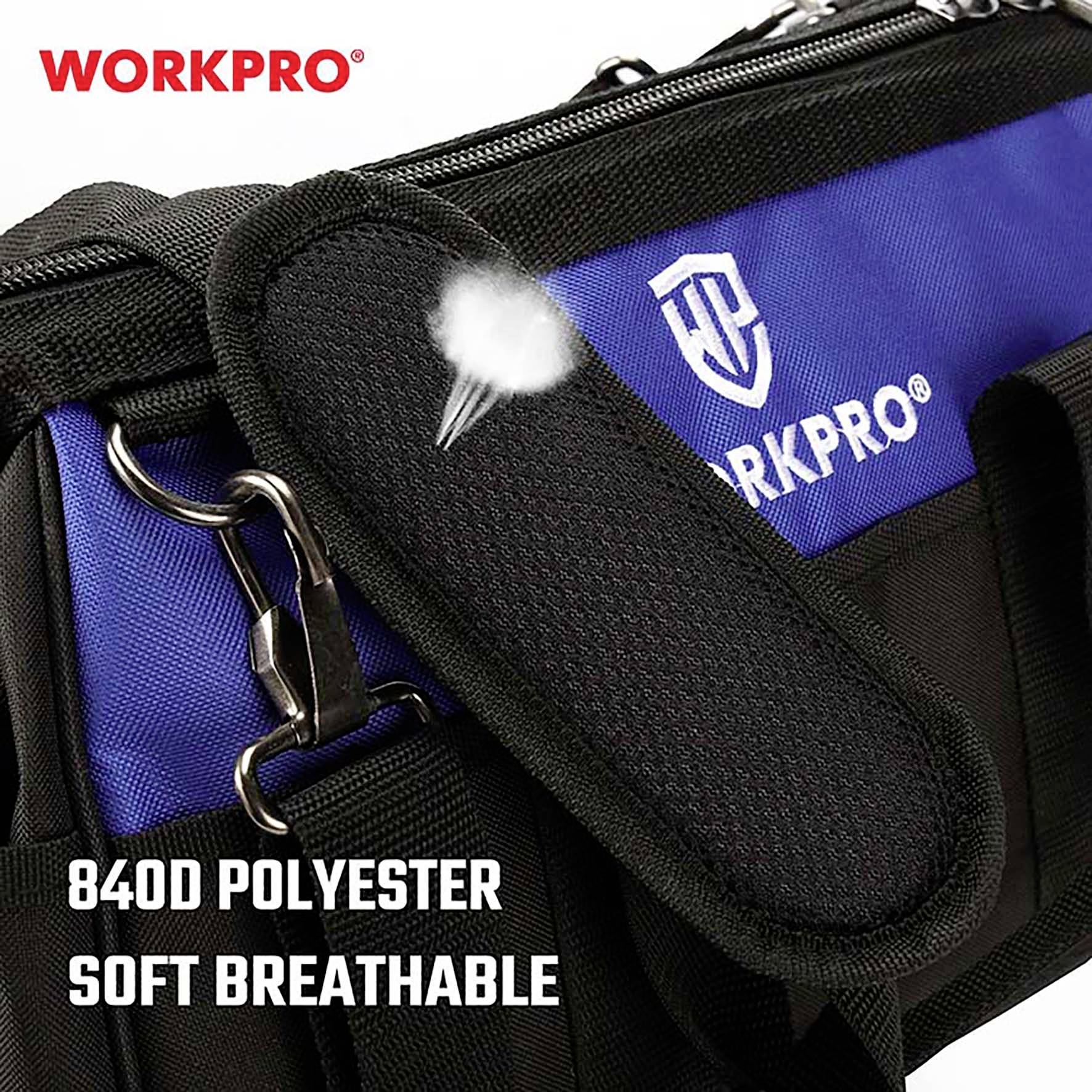WORKPRO Werkzeugtasche aus 840D Polyester in Schwarz und Blau. Merkmale: 'Soft Breathable' Schulterpolster, robuste Konstruktion.
