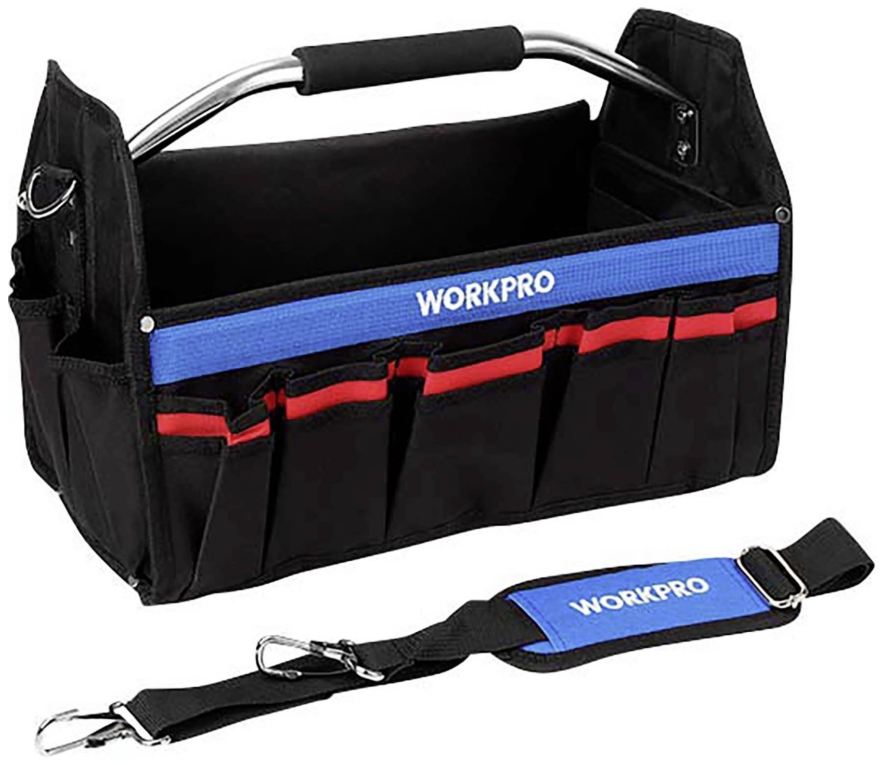 Werkzeugtasche mit mehreren Außenfächern und einem stabilen Griff. Enthält einen abnehmbaren Schultergurt mit 'WORKPRO'-Aufschrift.