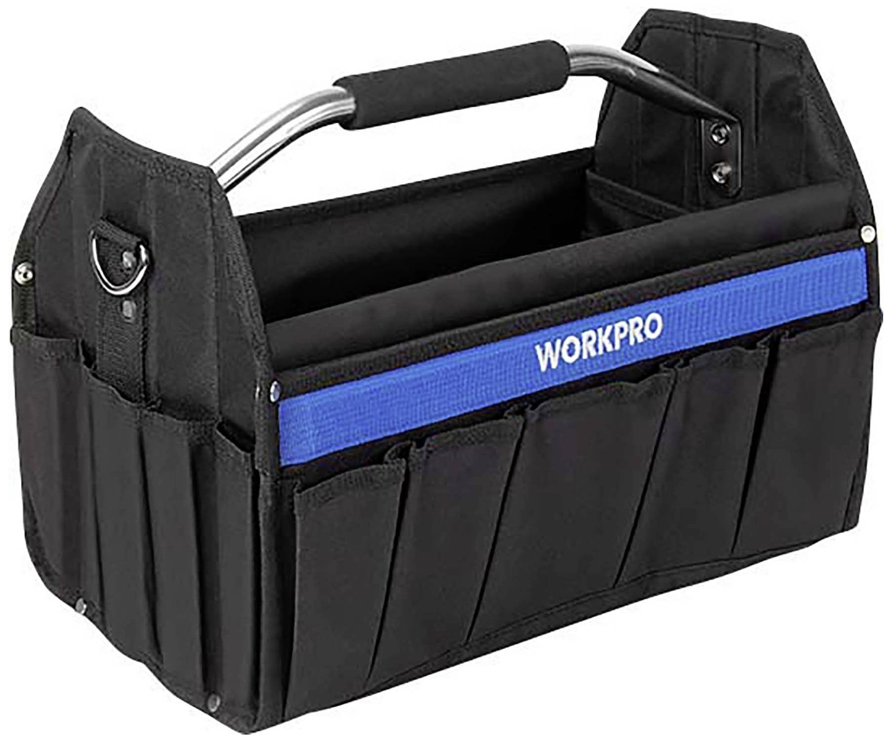 Eine schwarze Werkzeugtasche mit einem Metallgriff, mehreren äußeren Taschen und einem blauen Band mit der Aufschrift 'WORKPRO'.