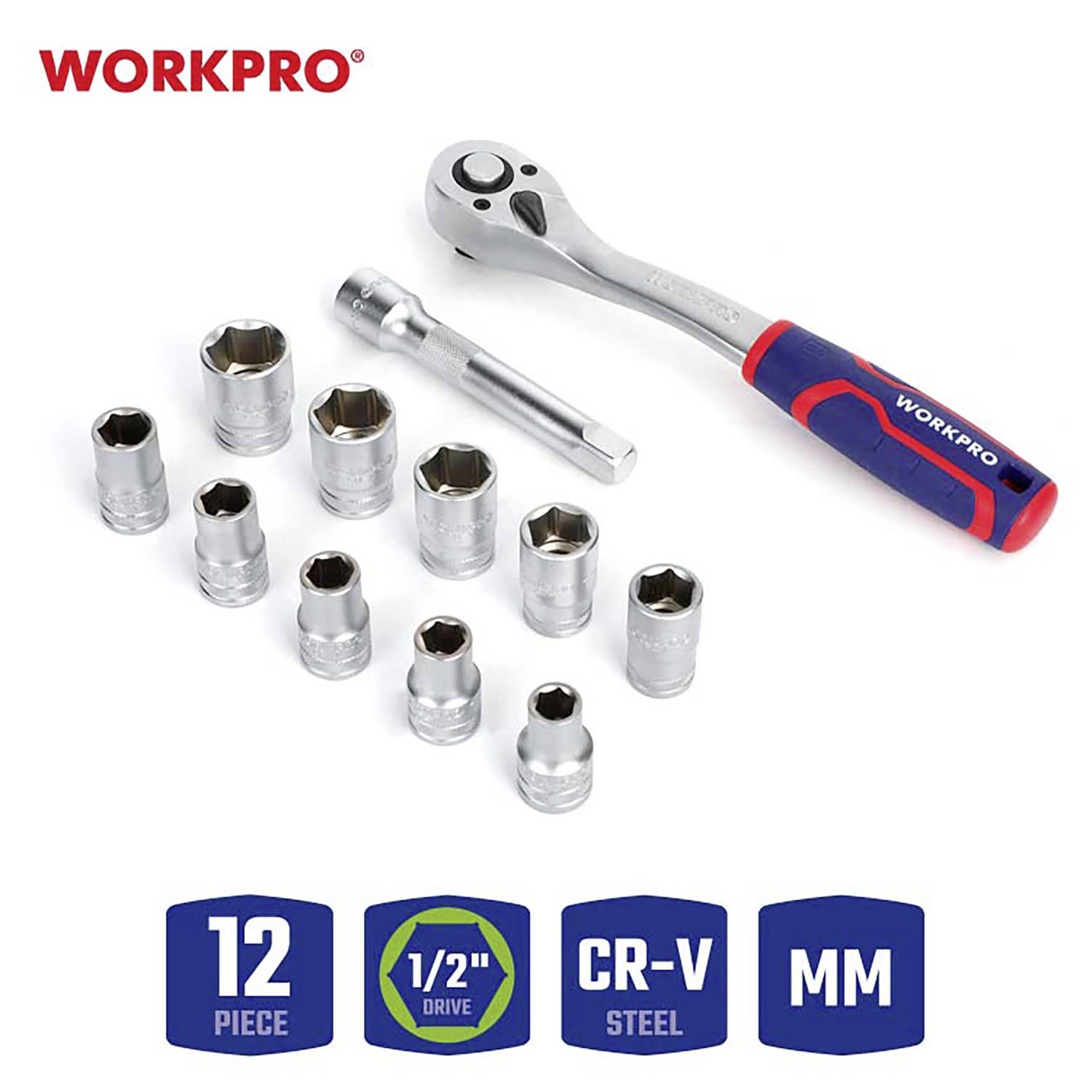 Eine Ratsche mit farbigem Griff und zehn Stecknüsse in unterschiedlichen Größen, dazu die Aufschrift 'WORKPRO'.