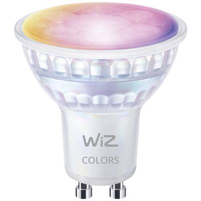Eine smarte LED-Lampe von WiZ mit farbenfroher Leuchtfläche. Sie bietet verschiedene Lichtfarben und ist für GU10-Fassungen geeignet.