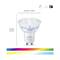 Die Abbildung zeigt eine WiZ White LED-Glühbirne, 50 mm Durchmesser, 55 mm Höhe. Oben rechts Symbole für Sprachsteuerung und Bewegungserkennung. Unten dargestellte Farbspektren.