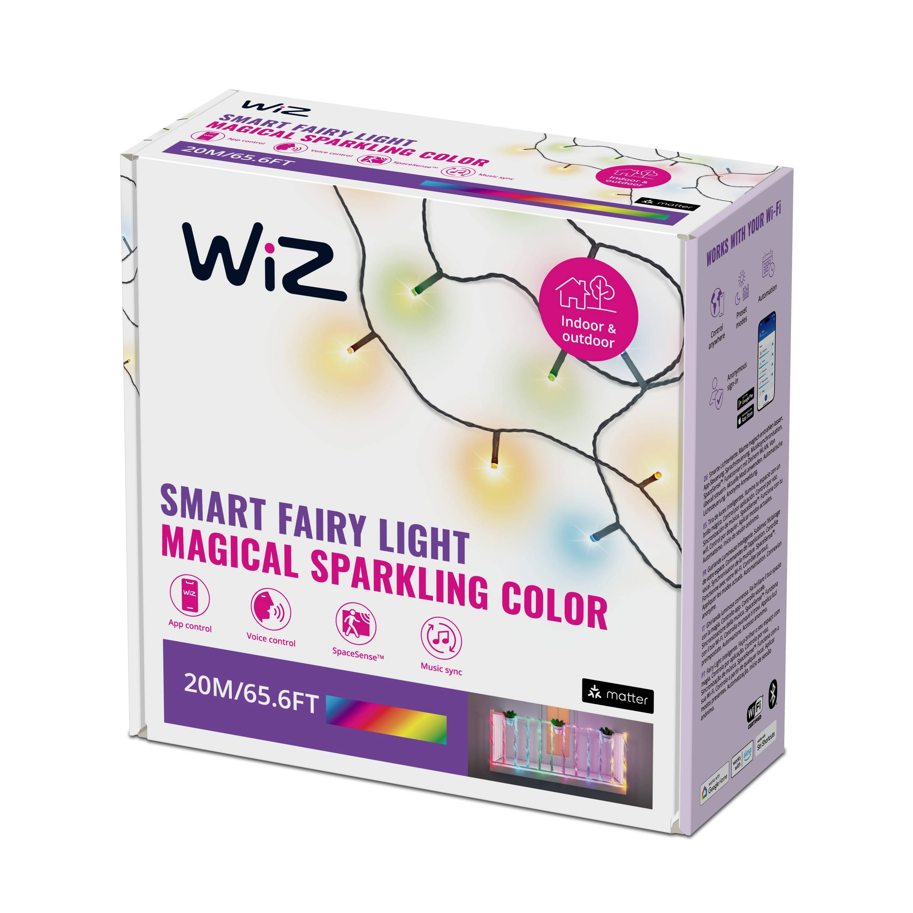 Verpackung von smarten Lichterketten mit der Aufschrift 'WiZ Smart Fairy Light, Magical Sparkling Color'. Enthält Farbbild der Lichter.