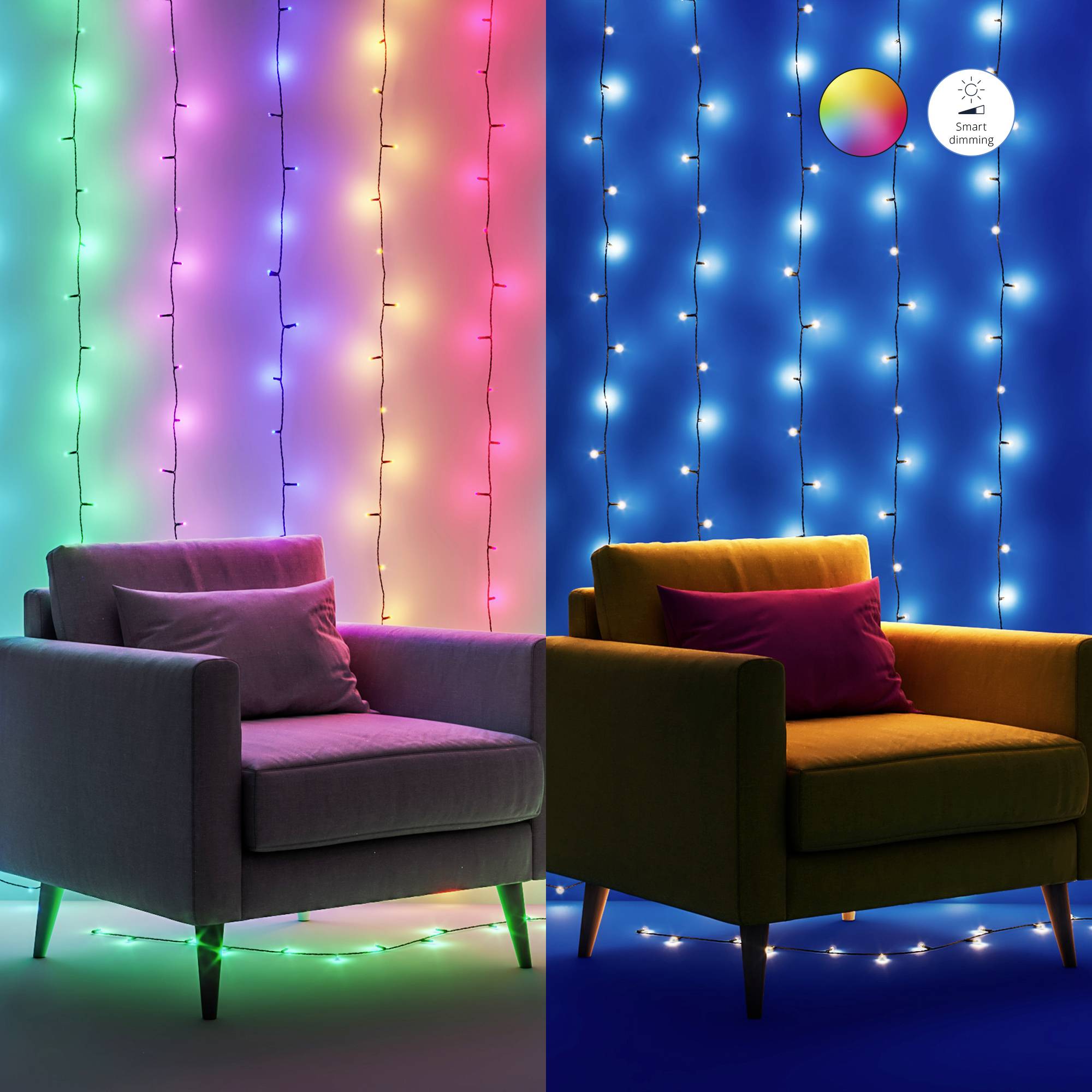 Zwei Sessel vor Wänden mit bunten Lichterketten. Linke Seite in pastellgrün und pink, rechte Seite blau mit smarter Beleuchtung.