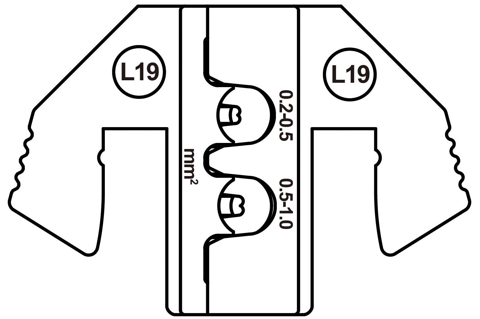 Abbildung einer Kabelschuhe-Crimpzange mit Beschriftung 'L19' an beiden Seiten. Zeigt Skala für Kabeldurchmesser: '0,2-0,5 mm²' und '0,5-1,0 mm²'.