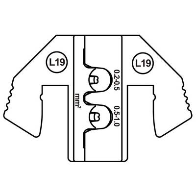 Abbildung einer Kabelschuhe-Crimpzange mit Beschriftung 'L19' an beiden Seiten. Zeigt Skala für Kabeldurchmesser: '0,2-0,5 mm²' und '0,5-1,0 mm²'.