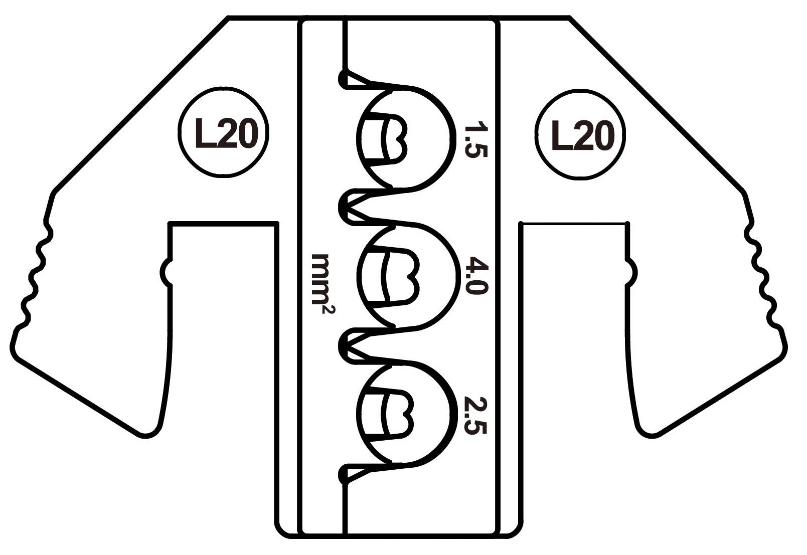 Zeichnung eines dreipoligen Klemmenblocks mit Kennzeichnungen 'L20', Anschlussstellen für 1,5, 2,5 und 4,0 mm² Drähte.