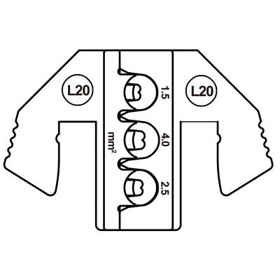 Zeichnung eines dreipoligen Klemmenblocks mit Kennzeichnungen 'L20', Anschlussstellen für 1,5, 2,5 und 4,0 mm² Drähte.