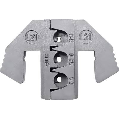 Ein graues Metallwerkzeug mit vier runden Öffnungen, die mit '0.1', '0.75', '0.5' und 'unité' gekennzeichnet sind. Geeignet für Kabelklemmen.