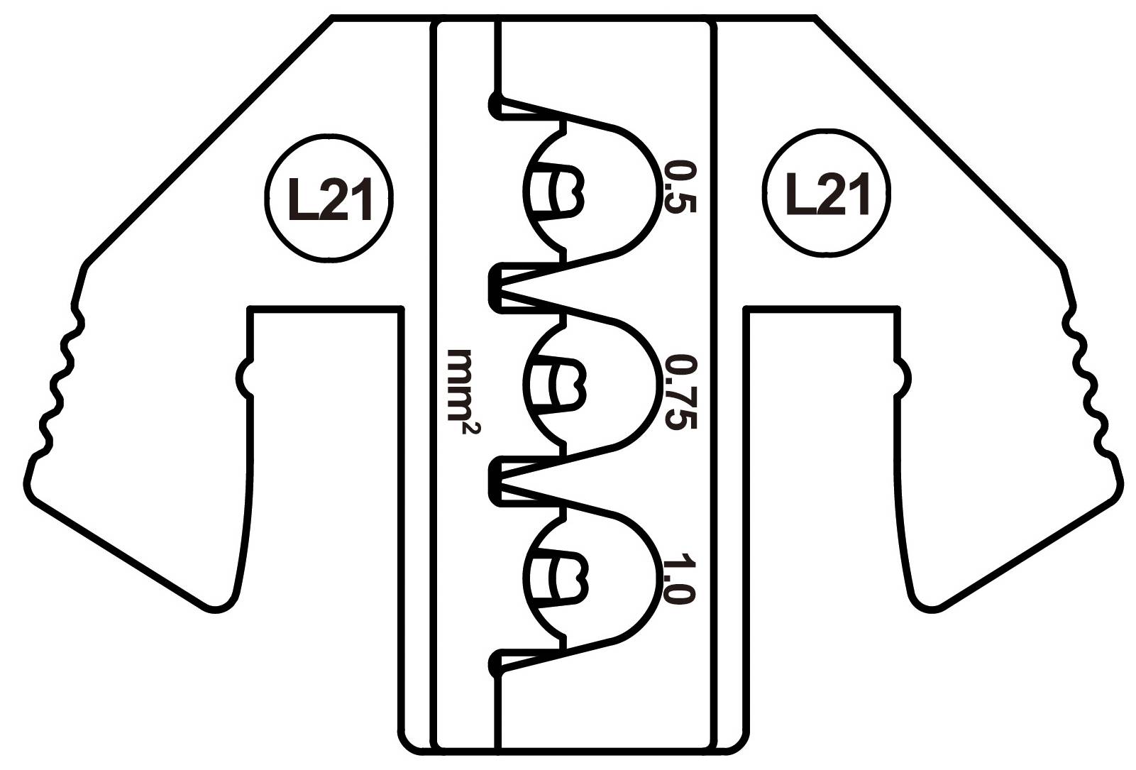 'Schemazeichnung einer Crimpzange mit Markierungen für Kabelquerschnitte 0,5, 0,75 und 1,0 mm². Jeweils mit L21 gekennzeichnet.'