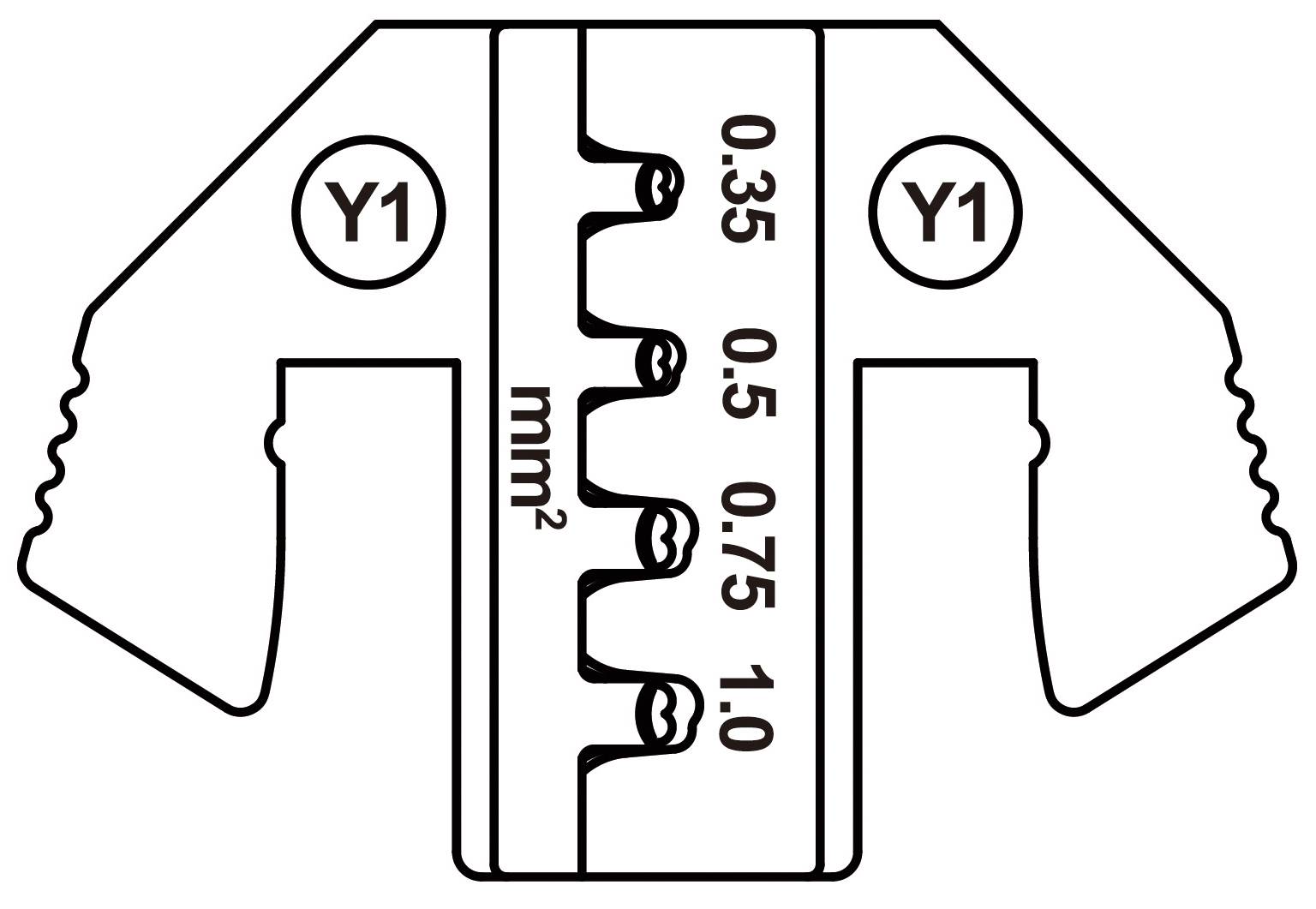 Werkzeug zum Schneiden oder Abisolieren von Kabeln mit Markierungen für Kabelquerschnitt in mm²: 0,35, 0,5, 0,75, 1,0.