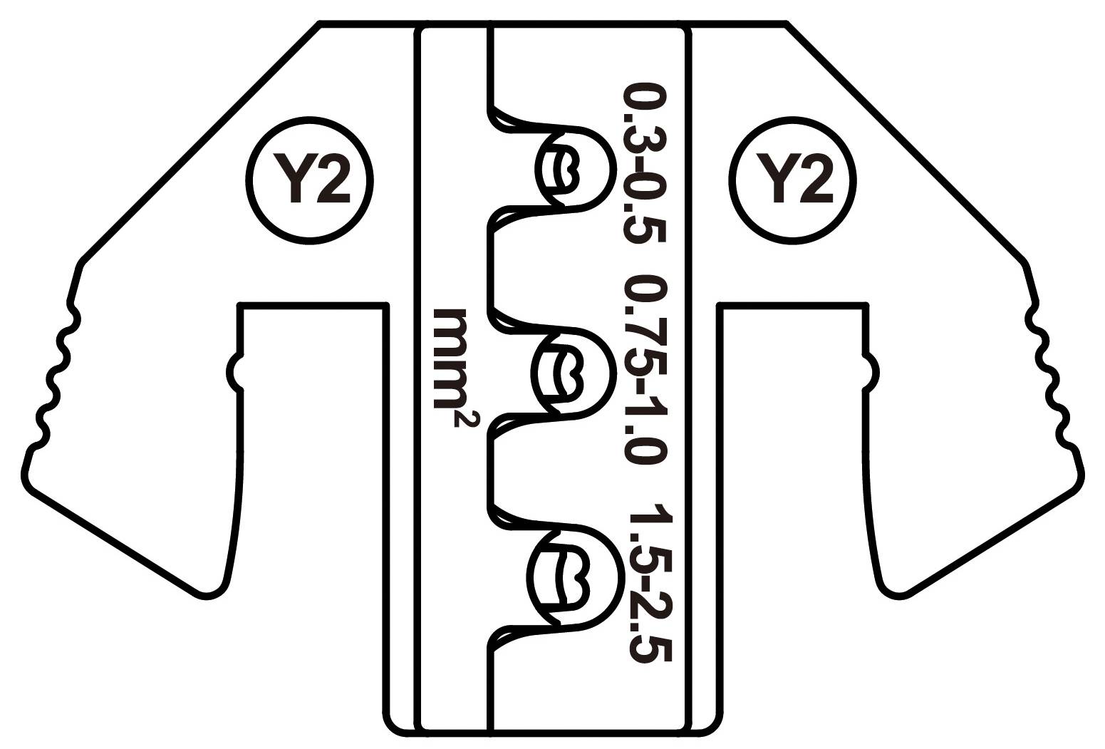 Stanzwerkzeug mit quadratischer Form, markiert mit 'Y2' und verschiedenen mm²-Größen: 0,25-0,5, 0,75-1,0 und 1,5-2,5 für Kabelverbindungen.