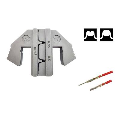 Werkzeug zur Kabelbearbeitung, mit zwei roten Kabelschuhen unten rechts. Oben rechts zwei quadratische Symbole.
