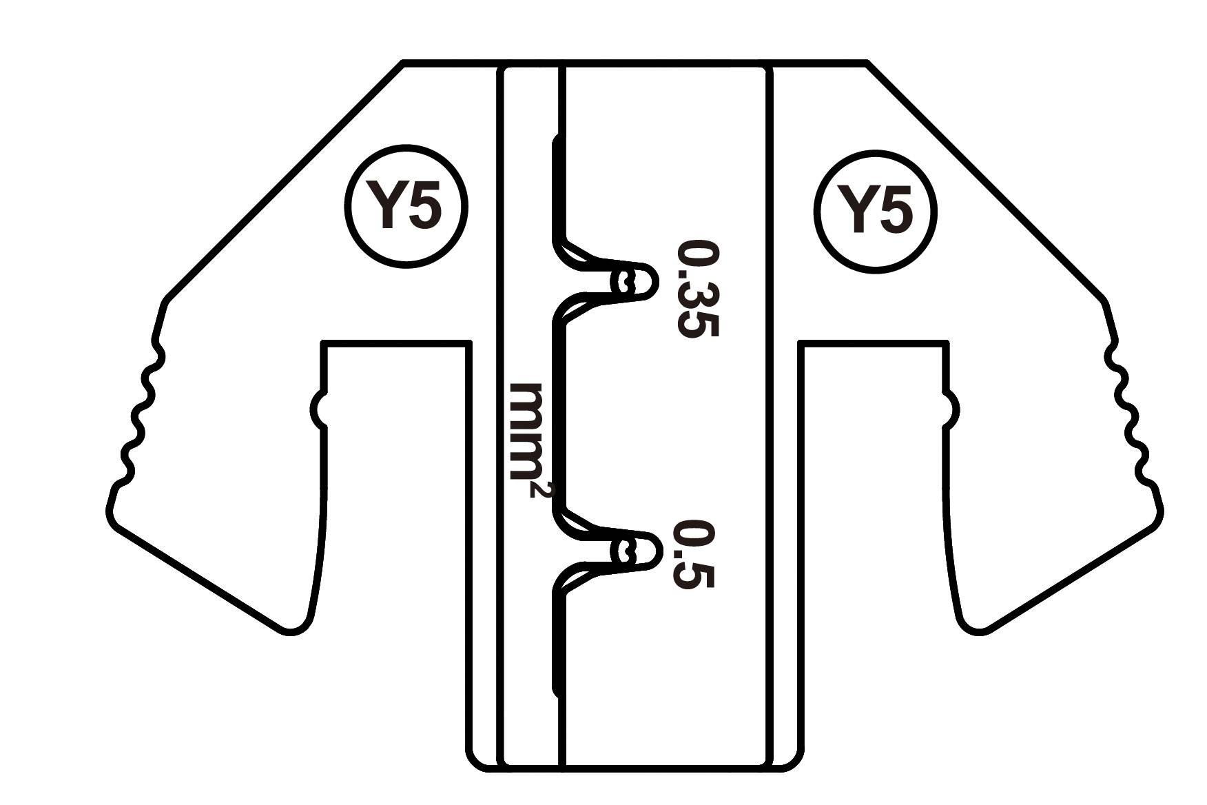 Diagramm eines Kabelschuhs mit Markierungen 'Y5', Größenindikatoren 0,35 mm² und 0,5 mm². Zeigt Kabelgrößenkompatibilität.